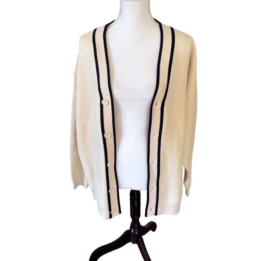 7DAYZ Cream Navy Oversized Varsity Cardigan Sweater Large Preppy Classic Coastal